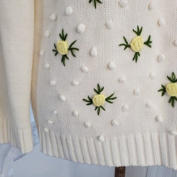 Vintage 60s Ivory‎ Floral Embroidered Popcorn Cardigan Sweater Sz Medium - Picture 5 of 9